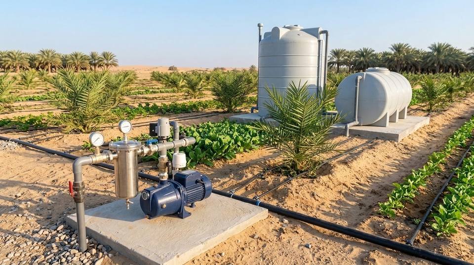 Farm irrigation pump with a filter, drip lines and water storage tanks among young date palms on a UAE farm