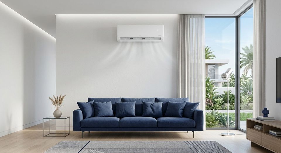 Wall-mounted split air conditioner in a bright modern villa living room