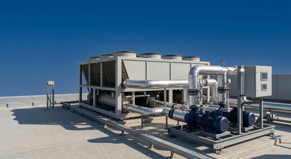 Air-cooled chiller with insulated chilled-water pipes and blue circulation pumps on a rooftop