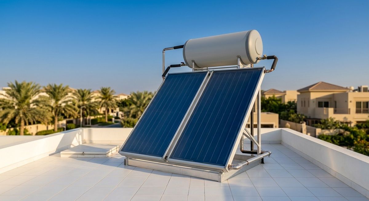 Thermosiphon solar water heater with two flat-plate collectors and a grey storage tank on a villa rooftop in the UAE, with palm trees behind