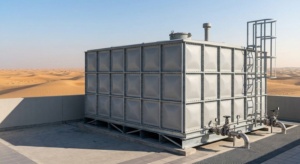 GRP sectional panel water storage tank on a steel base frame, installed on a rooftop in the UAE