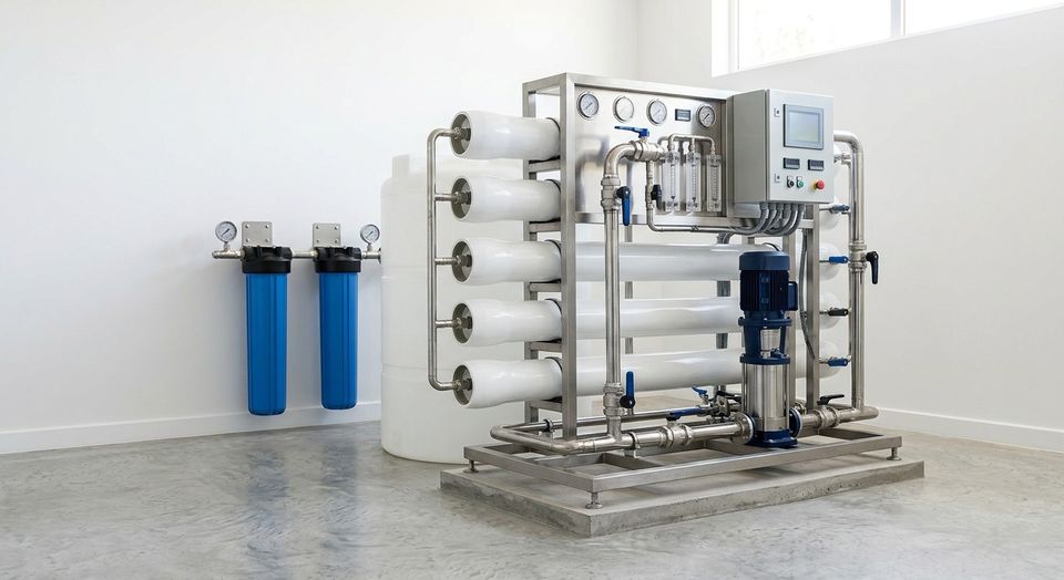 Reverse osmosis water treatment system with membrane vessels, filters and a control panel