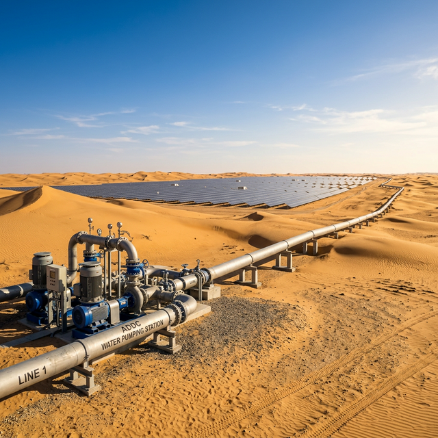 Solar panels and water pump system in UAE desert